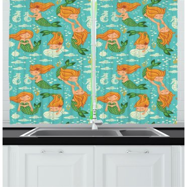 Ambesonne Mermaid Kitchen Curtains, Cartoon Character Sea, 55"x45", Turquoise Marigold Green