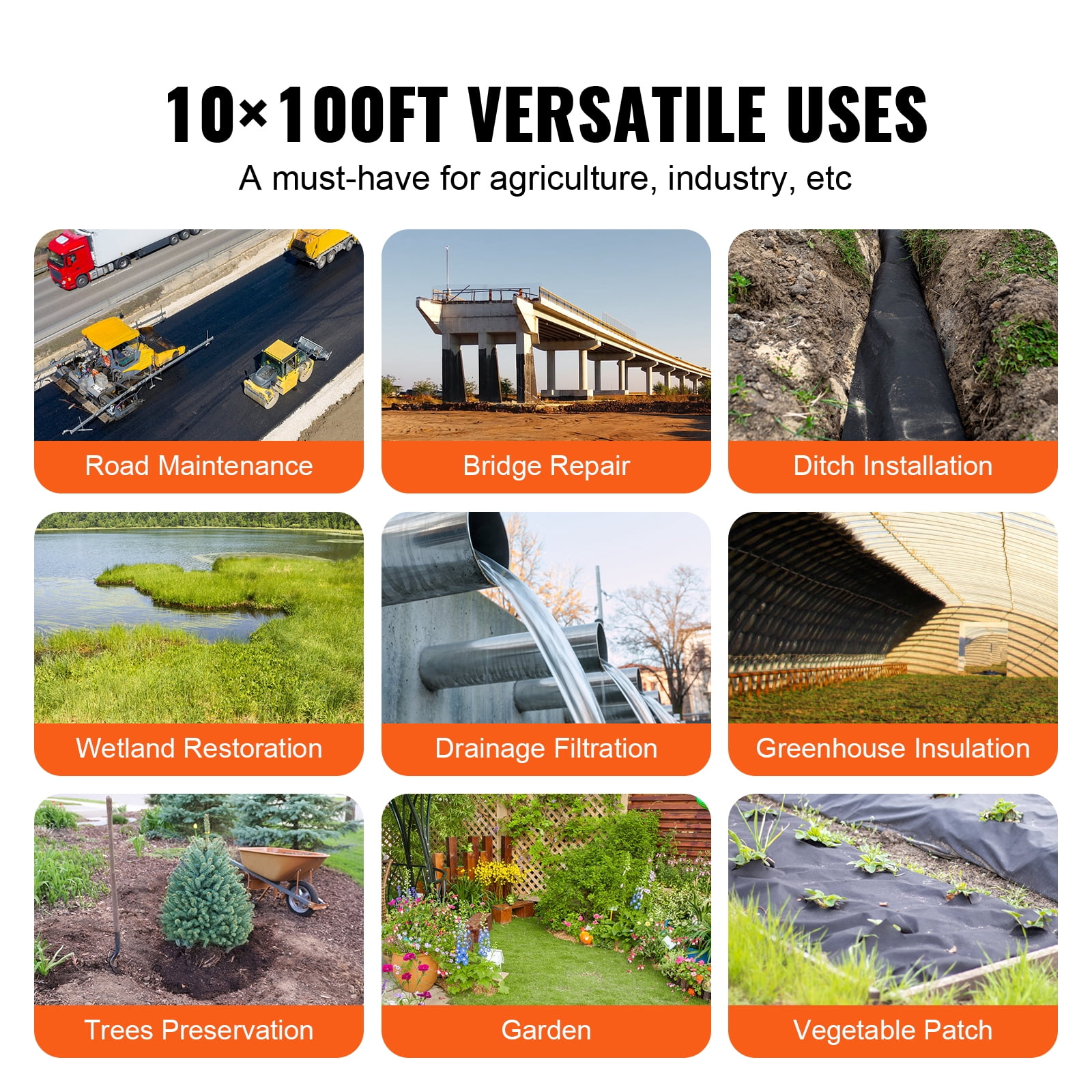KFFKFF Garden Ground Cover 10x100FT 8OZ, Heavy-Duty Landscape Fabric, Durable Non-Woven Weed Barrier, Geotextile Fabric Weed Control Fabric Drainage Fabric, Black
