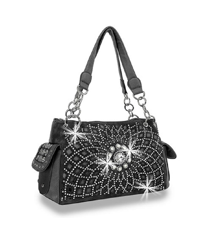 Starburst Bling Purse Rhinestone Flower Floral Shoulder Bag Black