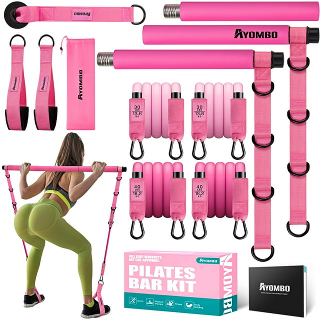 Pilates Bar Kit with Resistance Bands, Pilates Workout Equipment for Legs, Hip, Waist, Arm, Squats Exercise Equipment for Home Workouts, Adjustable 3-Section Resistance Bands Bar