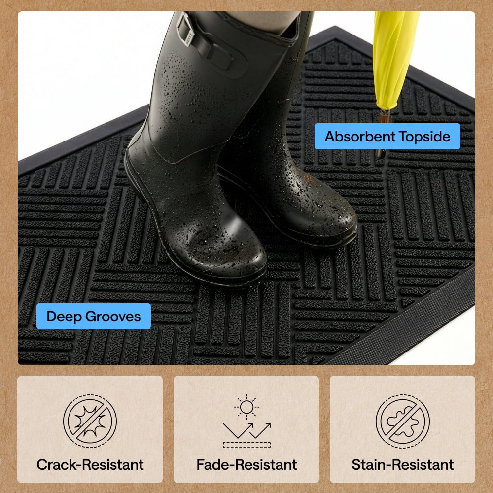 GORILLA GRIP Outside Doormat, WeatherMax Waterproof Indoor Outdoor Door Mat, 29x17 Black Diamond