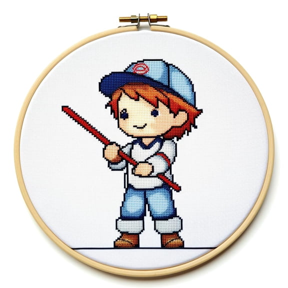 Cartoon Baseball Little Boy DIY Stamped Cross Stitch Kits Easy for Beginners Children with Hoop 11CT Needlepoint Counted Embroidery Kits Art Craft Wall Decoration 12x12inch(2)