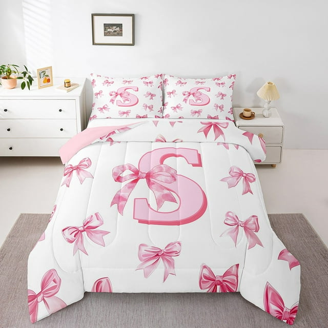 Erosebridal Ensemble de Literie Monogrammé avec Nœud, Ensemble de Couette Simple, Couette Personnalisée avec Initiale, Décoration Nœud Papillon, Réversible, Léger, 2 Pcs