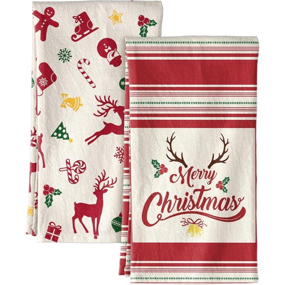 2Pcs Christmas Kitchen Towels Decorative Xmas Theme Cute Xmas Tree Dish Towel Absorbent Kitchen Dish Cloth Hand Tea Towels for Cleaning Drying Holiday Gifting, 16x24in