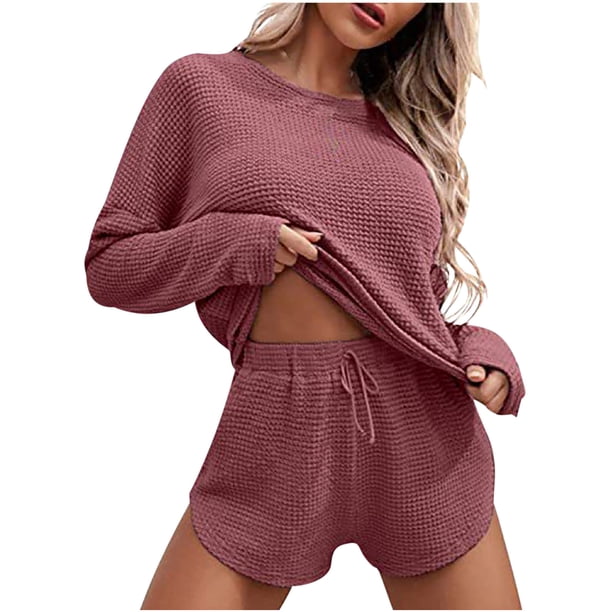 ICHUANYI Liquidación Conjunto casual de dos piezas de punto de manga corta para mujer Conjunto de pantalones cortos de cintura alta ICHUANYI WER202308173646