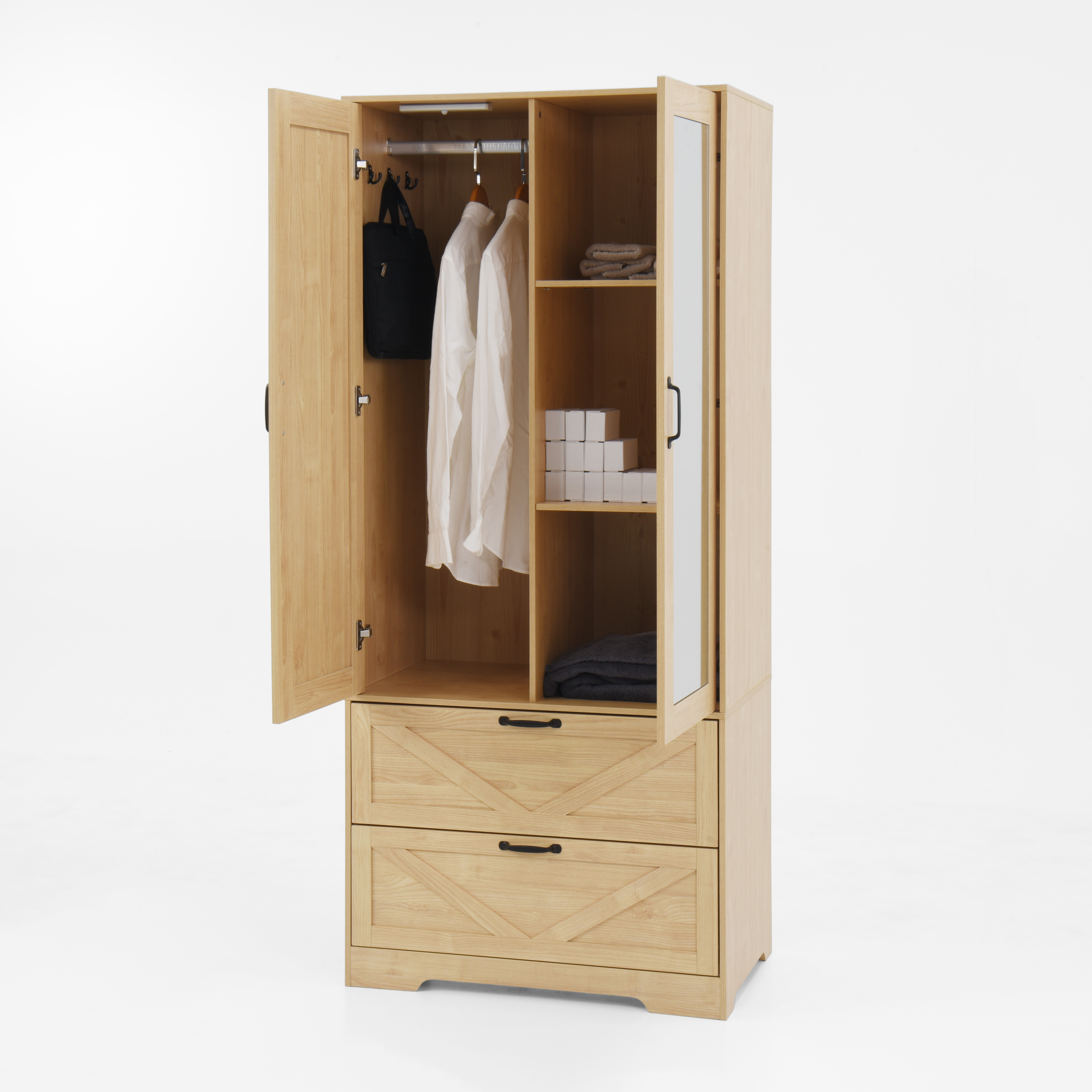 Mintazer 71" Tell Wardrobe Armoire with Mirror Door & 2 Large Drawers and Built-in Induction Light, Freestanding Clothing Storage Cabinet with Hanging Rod & Shelves for Bedroom, Natural