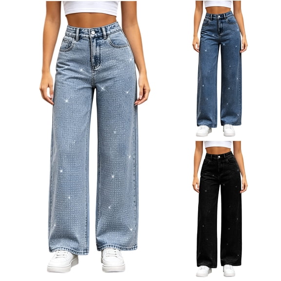 Women's High Waist Sparkly Rhinestone Wide Leg Jeans Loose Straight Denim Pants with Pockets Vintage Y2K Streetwear Fashion Bottoms Sky Blue