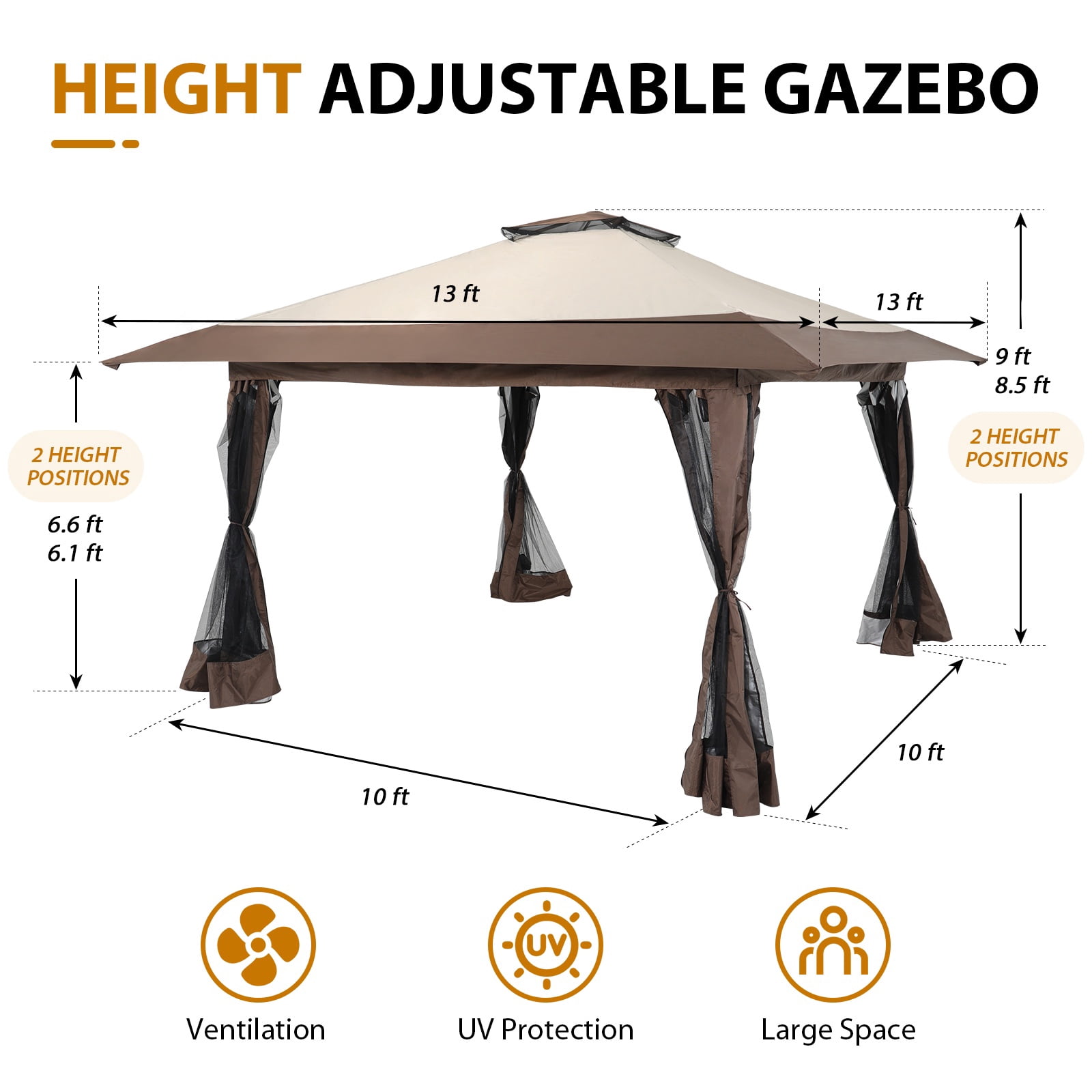 JOIVI 13'x13’Patio Gazebo, Outdoor Pop up Gazebo, Canopy Gazebo Tent Shelter with Mosquito Netting, Beige & Brown