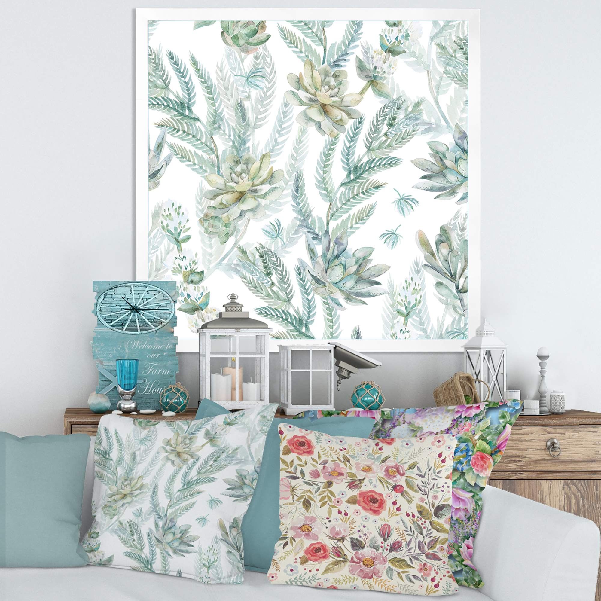 Designart 'Floral Seamless Pattern Succulents and Ferns Thorns' Farmhouse Framed Art Print