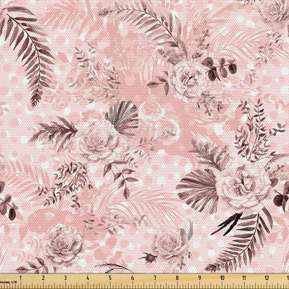 Ambesonne Tropical Fabric by the Yard Upholstery, Roses Exotic Foliage Art, 1 Yard, Pale Salmon and Grey Pink