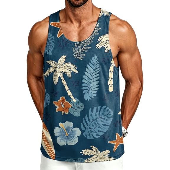 Hawaiian Palm Tree Graphic Tank Tops for Men Summer Cut Off Workout Sleeveless Shirts Big and Tall Beach Vacation Tops Casual Crewneck Tanks