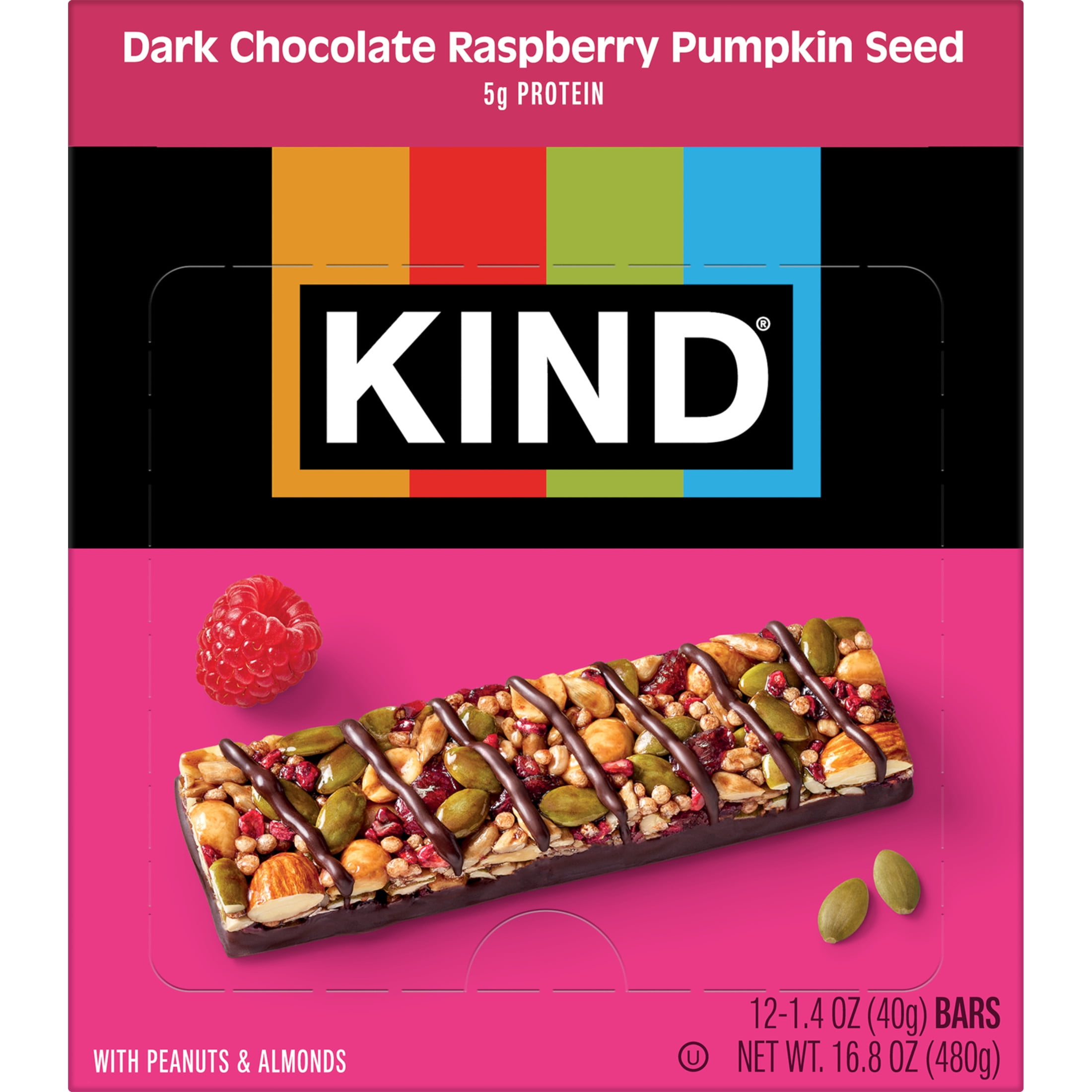 KIND Seeds Fruit & Nuts Snack Bar, Dark Chocolate Raspberry Pumpkin Seed, 1.4 oz, 12 Count