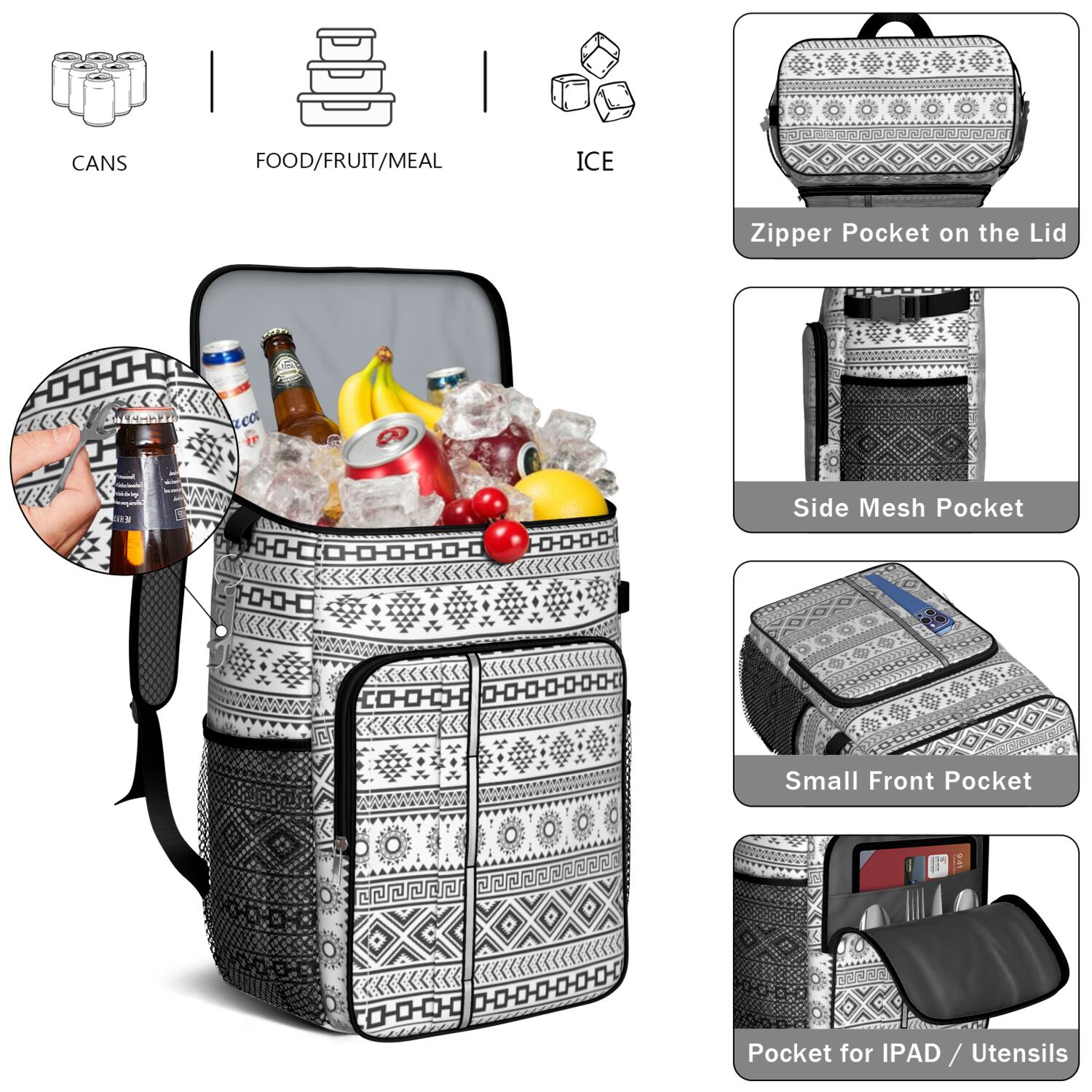 Travel Cooler Bag - Boho Bohemia Pioneer Flower Geometric Line Art Camping Beer Cooler Backpack with Bottle Opener- Waterproof Insulated Picnic Backpacks - Cooler Bag for Beach
