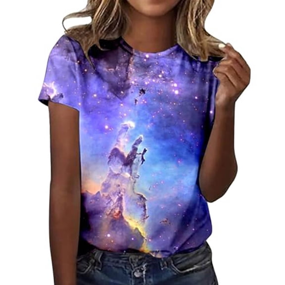 Shirts for Women Starry Galaxy 3D Print Glitter Round Neck Short Sleeve T Shirt Polyester Spandex Soft Breathable Graphic Carnival Summer Top L Size Spring Summer Womens Tops