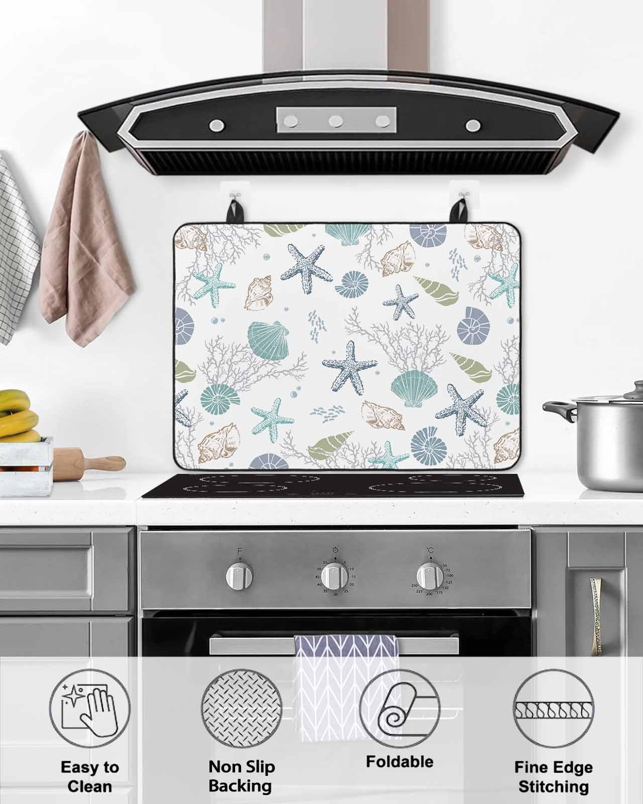 nqOlkjepod Large Induction Cooktop Protector Mat 36"x21", Ocean Coastal Stove Top Covers for Electric Stove, Nautical Starfish Seashells Coral Conch Stove Burner Cover Mats, Glass Top Stove Cover