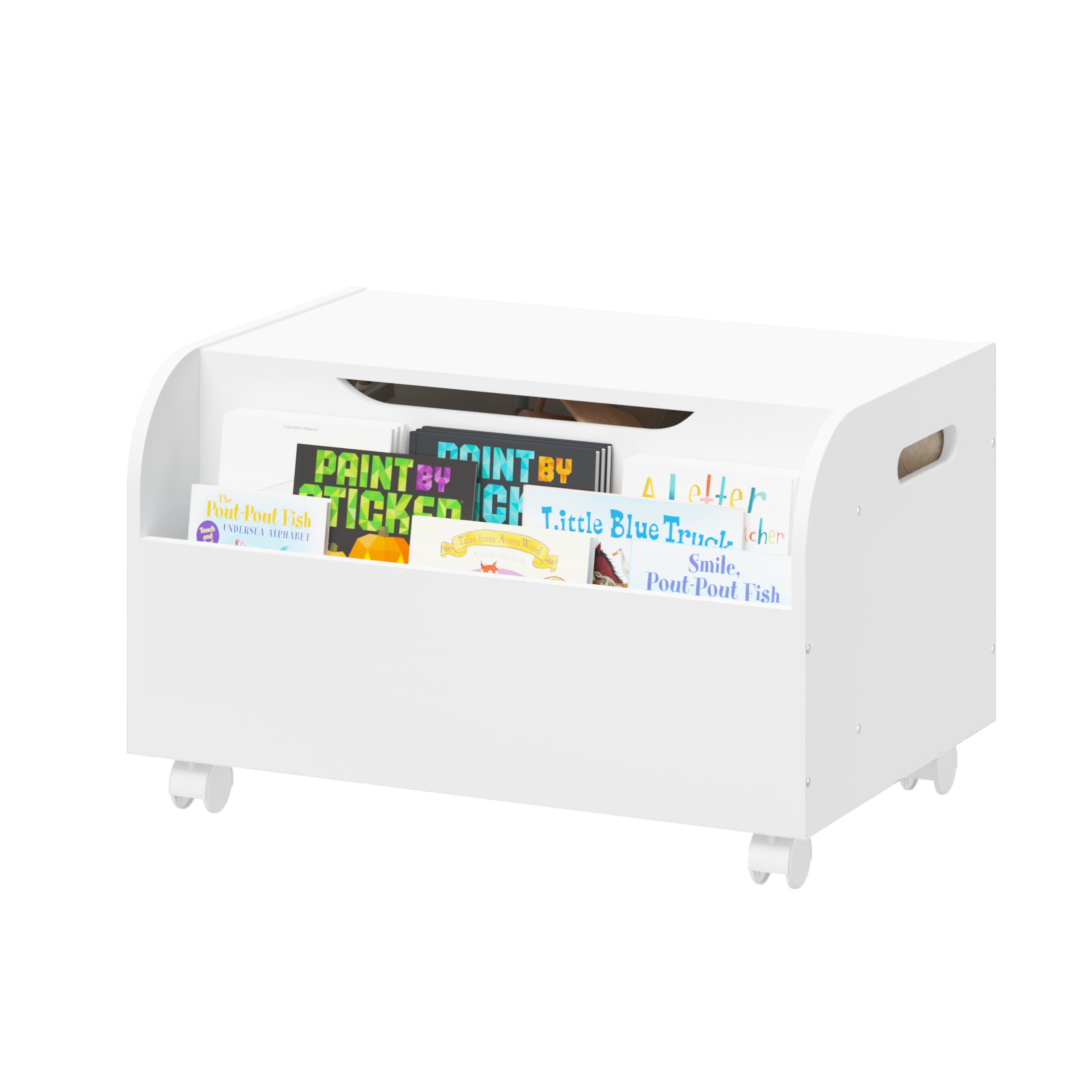 Noble House Rhoda Kids Wooden Toy Box with Wheels and Front Bookshelf, Flip-Top Storage Bench Chest, White