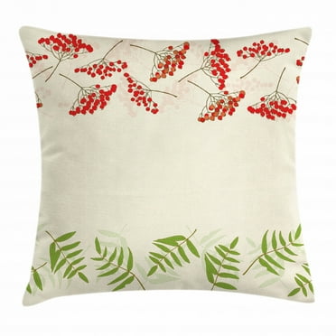 Rowan Throw Pillow Cushion Cover, Graphic Border Design with Berries Mountain Ashes Botanical Nature Themed Print, Decorative Square Accent Pillow Case, 20 X 20 Inches, Red Green White, by Ambesonne