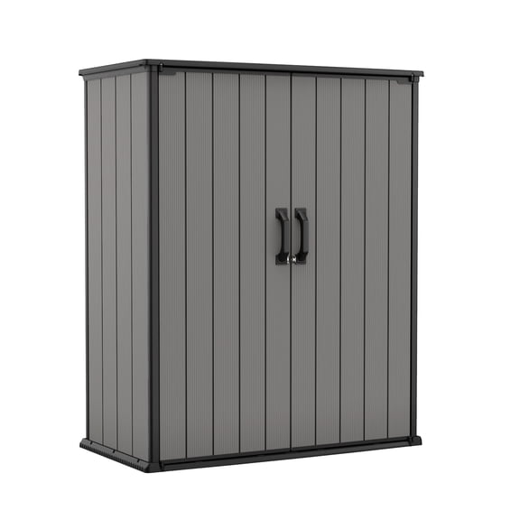 Keter Premier Tall Vertical Durable Resin Outdoor Storage Shed With Floor and Locking Double Doors, Grey