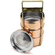 Traditional Royal Indian Copper Hammered with Brass Handle Tiffin Box Animal with Pewter Lining 3 Compartments Office Tiffin Lunch Box