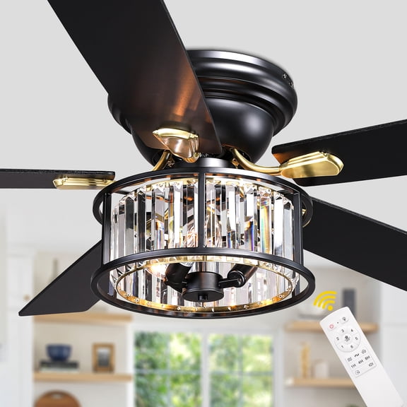 Bella Depot 52" Modern Crystal Flush Mount Ceiling Fan with Light and Remote 6-Speed Reversible DC Motor