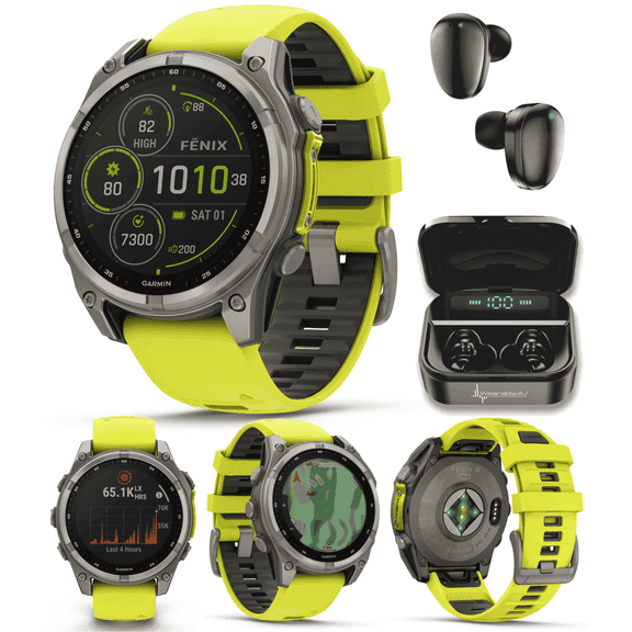 Garmin Fenix 8 47 mm Multisport GPS Smartwatch, Solar, Sapphire, Titanium with Amp Yellow/Graphite Silicone, Built-in LED Flashlight with Wearable4U Black EarBuds Bundle