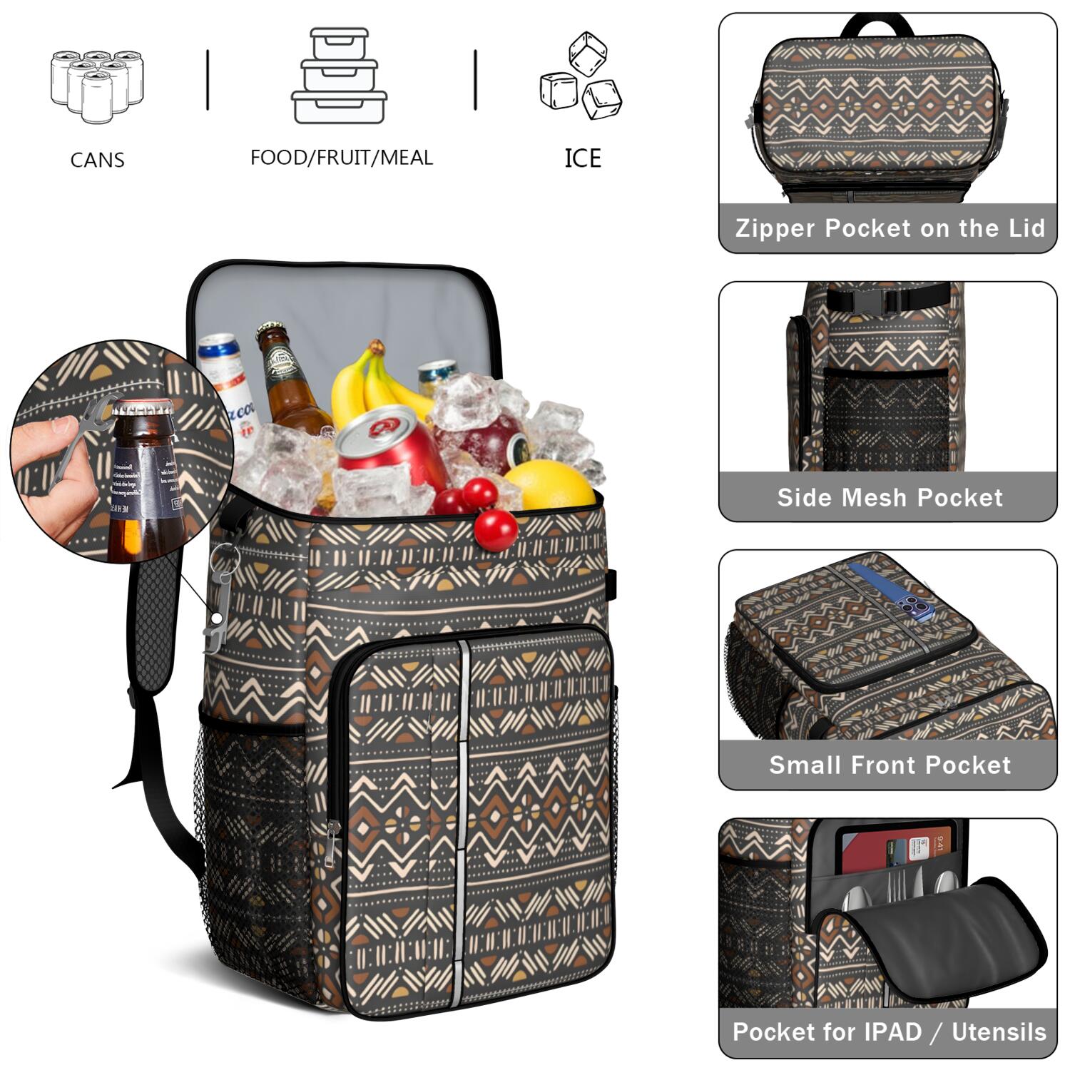 Travel Cooler Bag - Boho Bohemia Pioneer Flower Geometric Line Art Camping Beer Cooler Backpack with Bottle Opener- Waterproof Insulated Picnic Backpacks - Cooler Bag for Beach