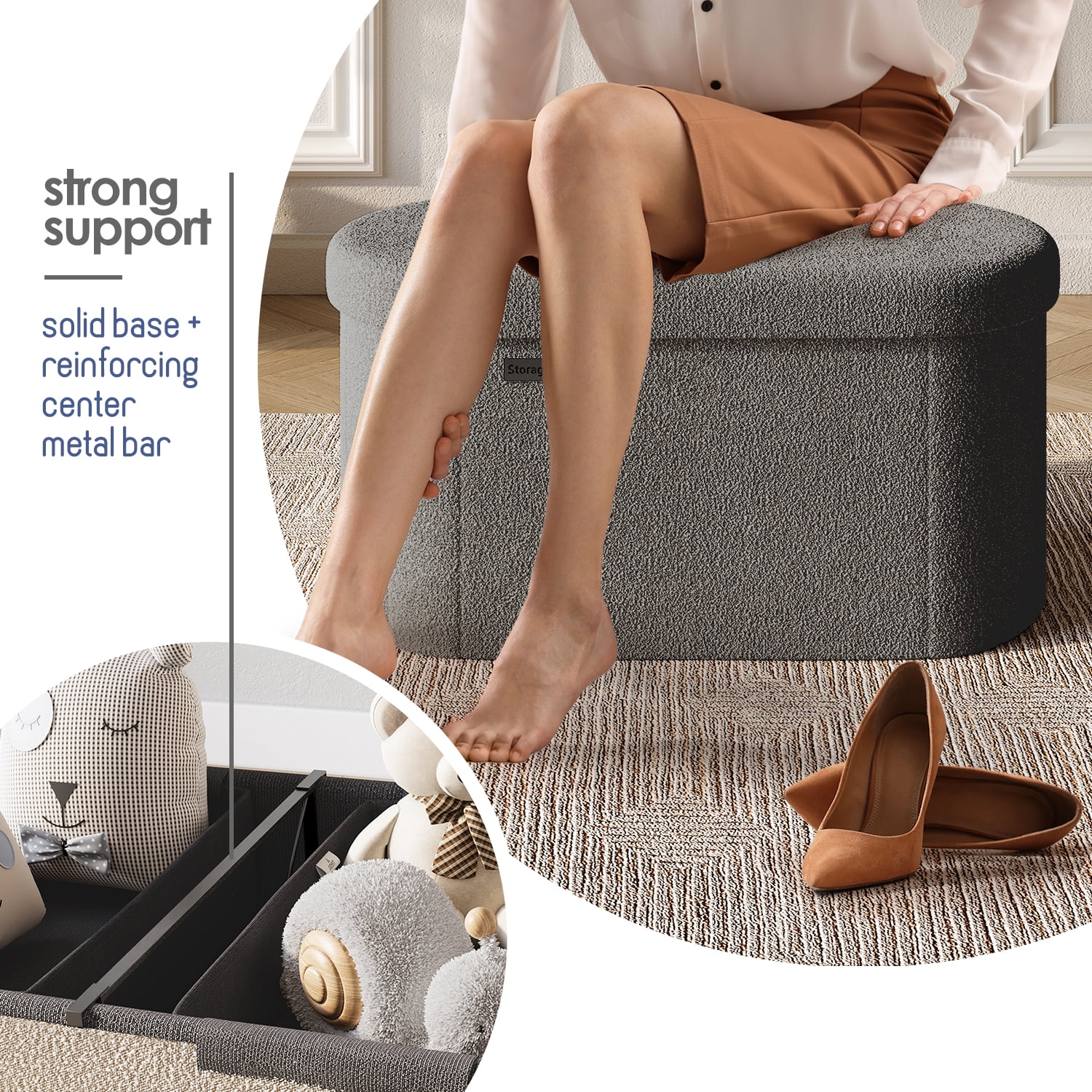 Hearth & Harbor Oval Storage Ottoman Bench, Boucle 30" Ottoman with Storage , Grey