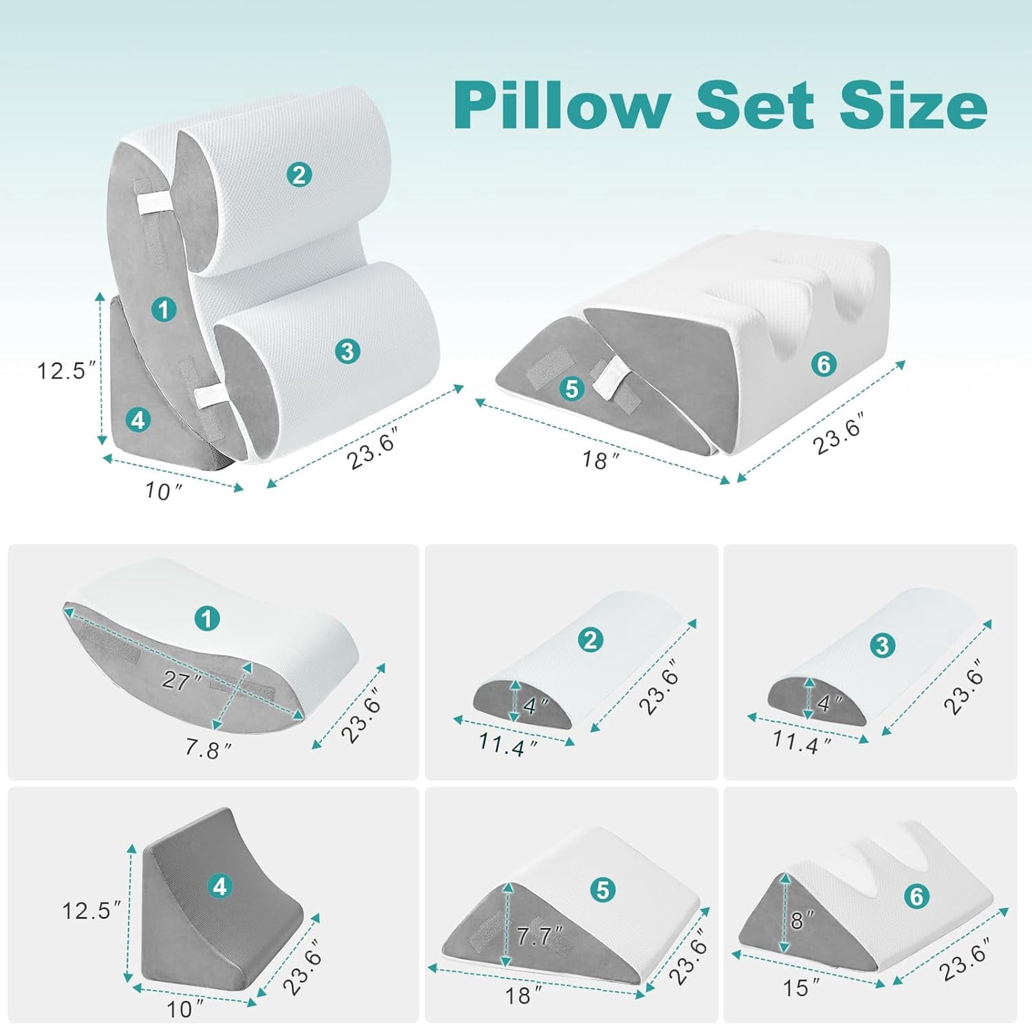Bed Wedge Pillow Set for After Surgery 6PCS, Post Sleep Apnea and Acid Reflux Relief, Adjustable Reading Pillows Back Support with Memory Foam, White, 23"