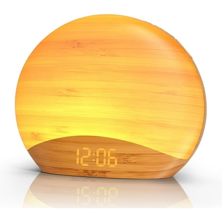 ZJQYDS Natural Wood Grain Sound Machine Sunrise Alarm Clock,26 Nature Inspired Sleeping Sounds, 0-100% Dimmable Clock, Night Light,Brown/Pink/White Noise Sound Machine for Babys, Kids, Adults