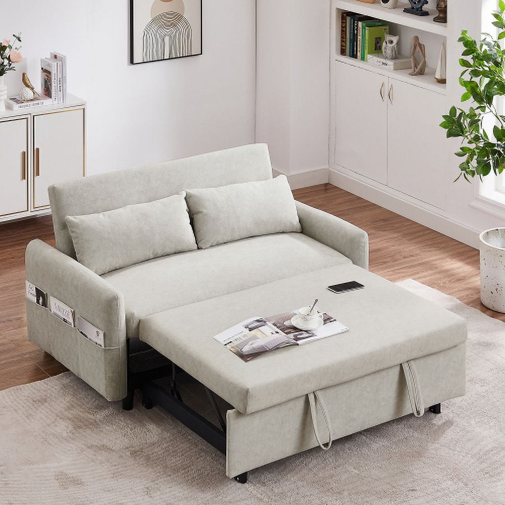 Leumius 2 Seat Sofa Couch with Pull Out Sleep Sofa Bed, Modern Loveseats with USB Ports, Beige