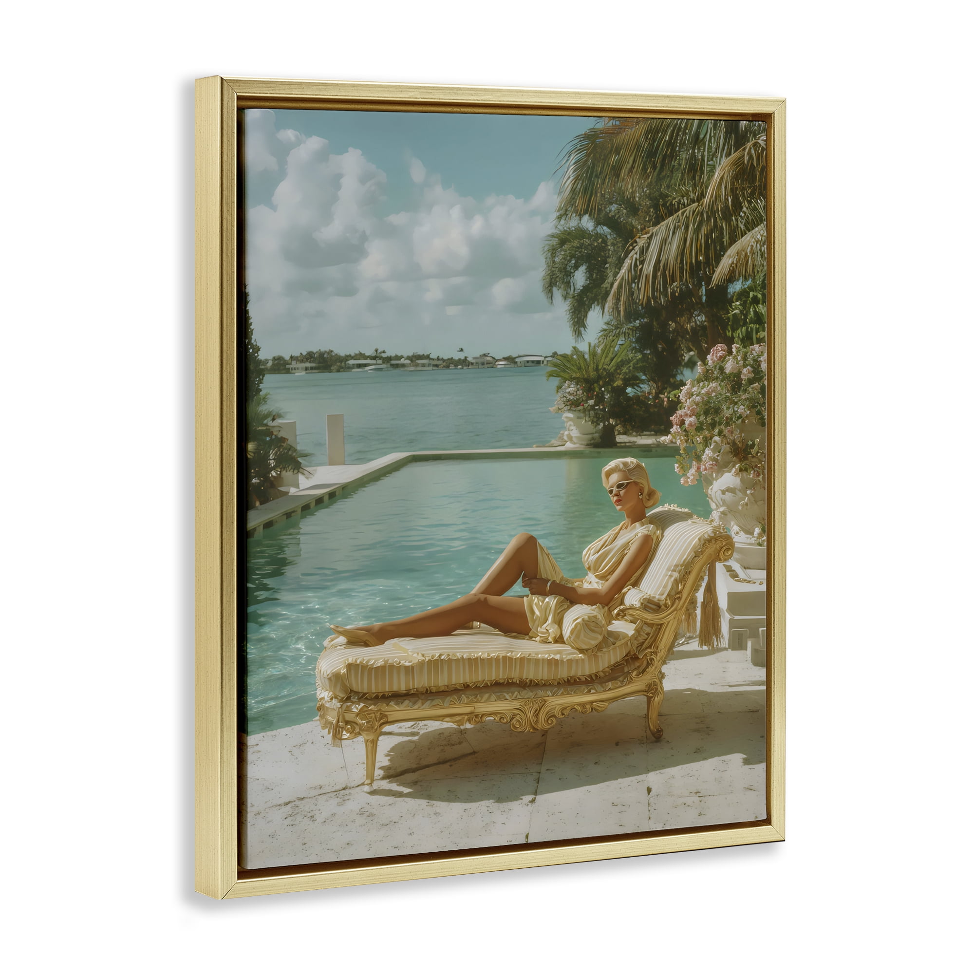 Stupell Industries Vintage Poolside Woman Gold Framed Floater Canvas Wall Art, design by Franklyn Gregory
