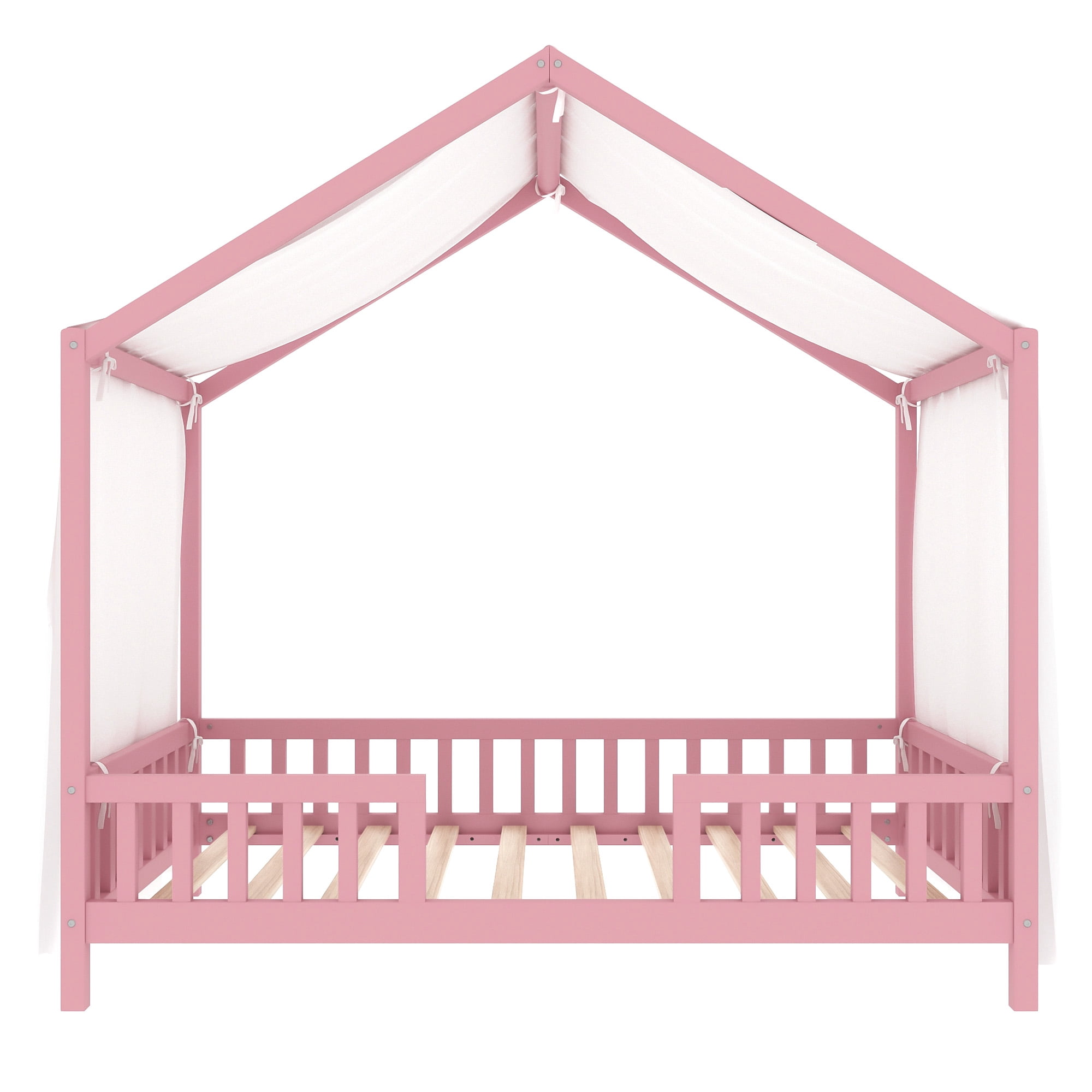 Yoneston Twin Montessori Floor Bed with Canopy & Roof, House Wooden Toddler Bed Frame with High Railings for Kids Children Girls Boys, Pink