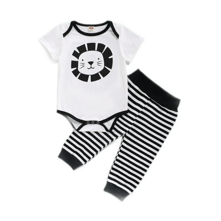 

Baby Girls Outfits Lion Print Round Neck Short Sleeve Romper Top +Stripe Pants 2Pcs Clothes Set 12-18 Months White