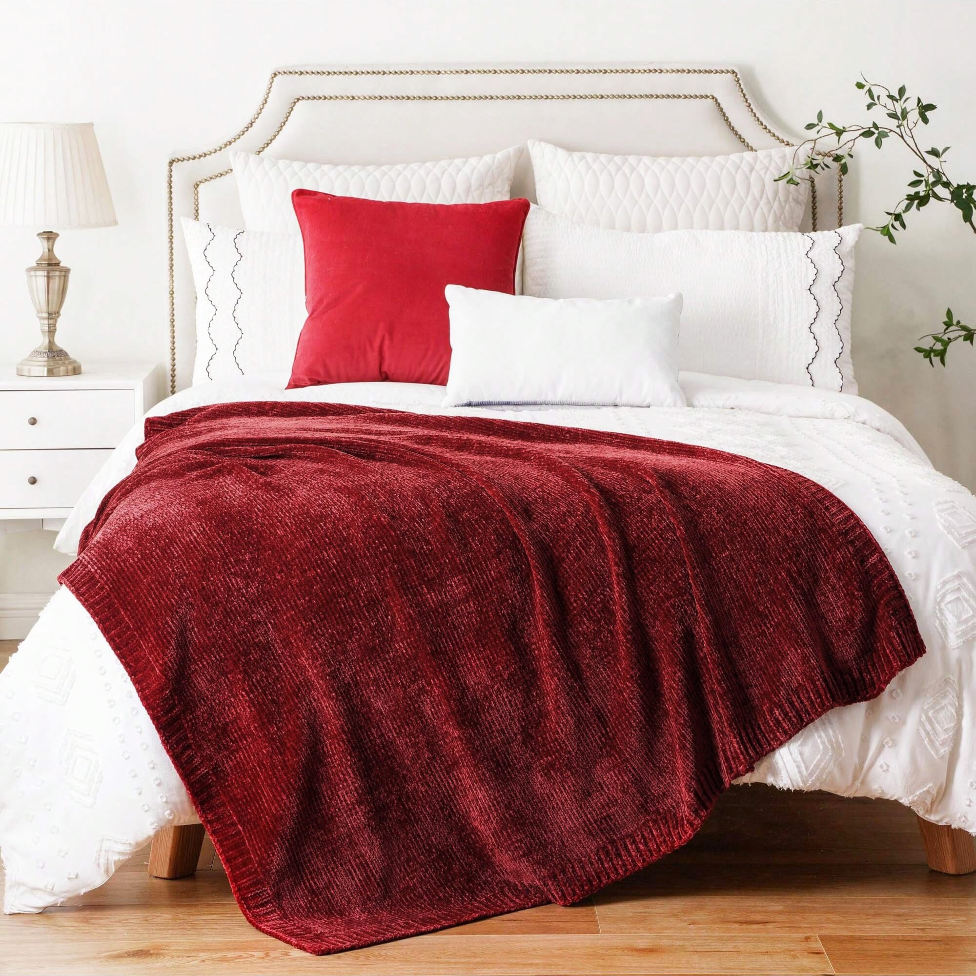 Battilo Burgundy Throw,Chenille Knit Dark Red Blanket,Christmas Decor,Housewarming Gifts,51"x67"