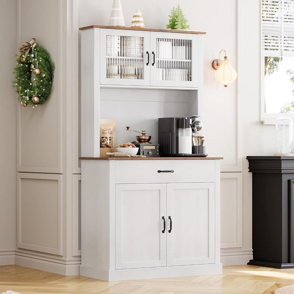 Studyset Kitchen Pantry Cabinet with Microwave Stand, Freestanding Cupboard Wood Food Pantry 71”Freestanding Tall Kitchen Cabinet with 2 Drawers&Doors and Shelves for Dining Room