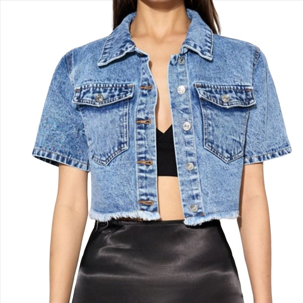 Chaqueta Vaquera de Corta para Mujer, Estilo Camionero con Botones, Estilo Años Y2K Azul M