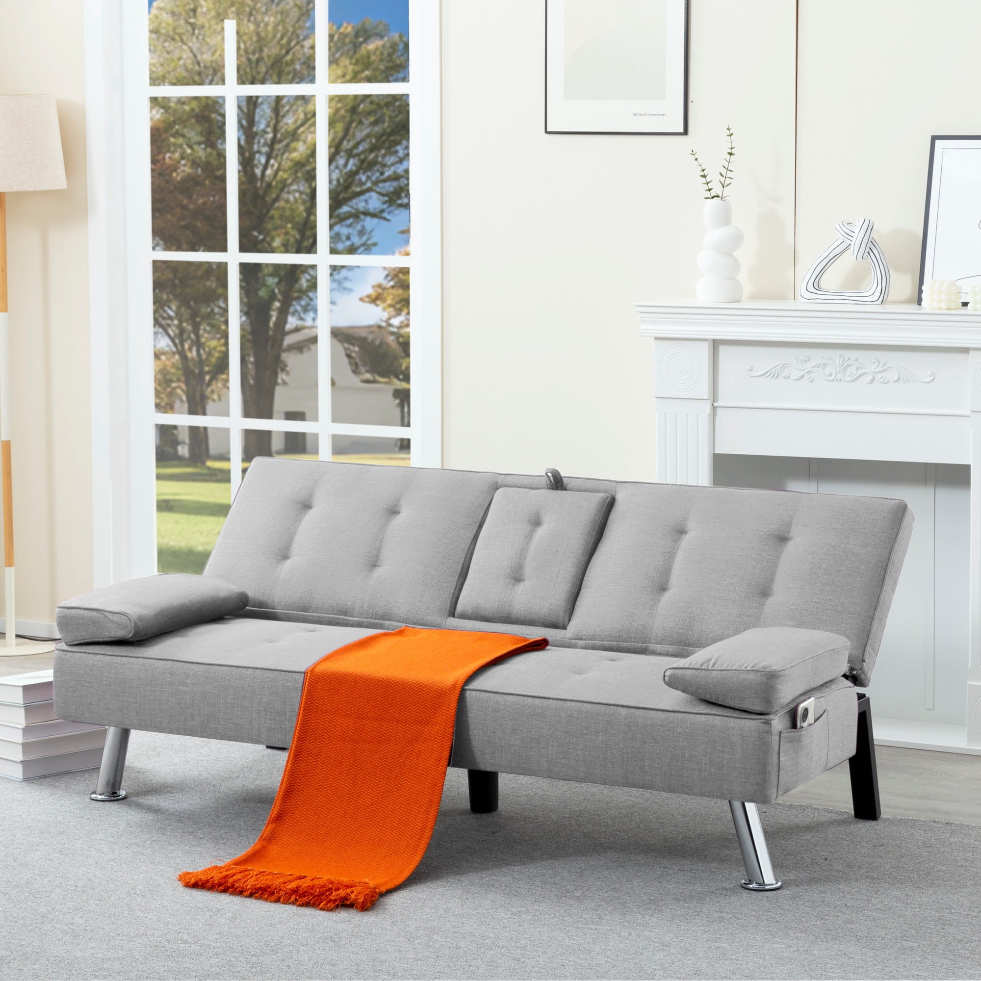 BSHTI 69.49" Fabric Convertible Futon Sofa Bed with Drop-Down Console, 2 Cup Holders, 5-Position Backrest, Side Pocket for Living Room（Light Gray）