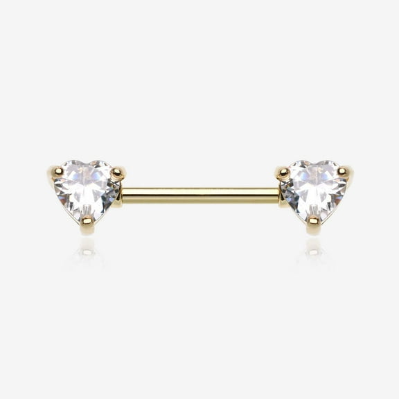 A Pair of Golden Heart Sparkle Prong Nipple Barbell