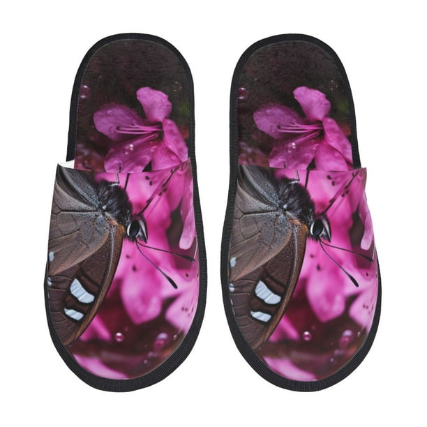 Fotbe Pink Blossoms Butterfly Pantuflas Peludas para Mujer con Estampado, Zapatillas de Peluche, Zapatos de Invierno para Casa, Uso Interior y Exterior-Large