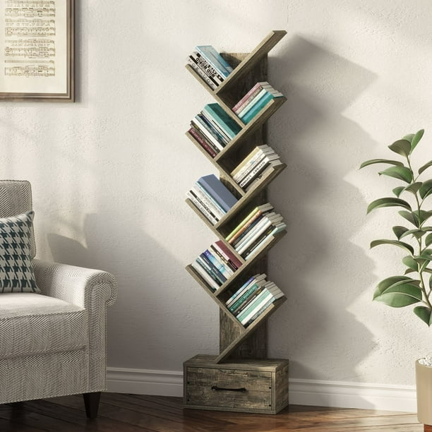 Rolanstar Bookshelf with Drawer, 9Tier Tree Bookshelf,Utility Organizer Shelves for Living Room