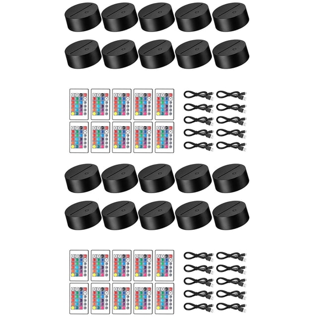 Paquete de 20 Bases de Lámpara de Luz LED de Noche 3D + Control Remoto + Cable USB, Soporte de Exhibición de Luz de 16 Colores para Acrílico Negro