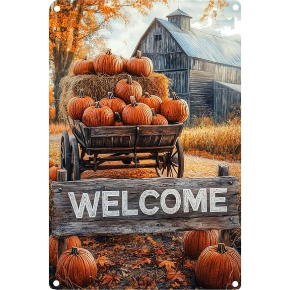 Welcome Pumpkins Vintage Metal Sign Rustic Fall Decor Aluminum Tin Sign for Home Kitchen Office Farmhouse Wall Art 8x12 Inch Autumn Harvest Halloween Decoration