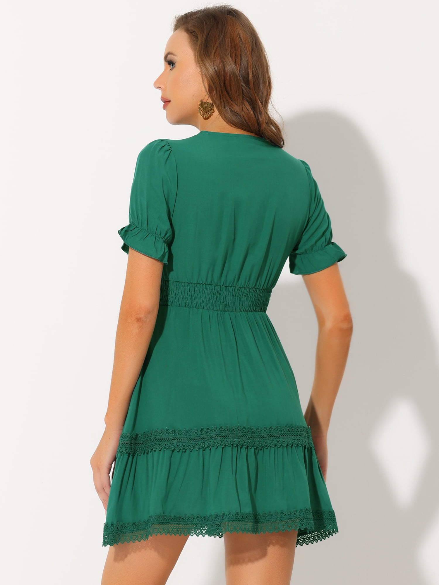 DARING DIVA V Neck Smocked Elastic Waist Short Sleeve Mini Dress S Lake Green