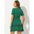 thumbnail image 4 of Mini vestido sólido de manga corta con cuello en V y cintura elástica para mujer lago verde S, 4 of 5