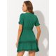 thumbnail image 4 of Mini vestido sólido de manga corta con cuello en V y cintura elástica para mujer lago verde S, 4 of 5