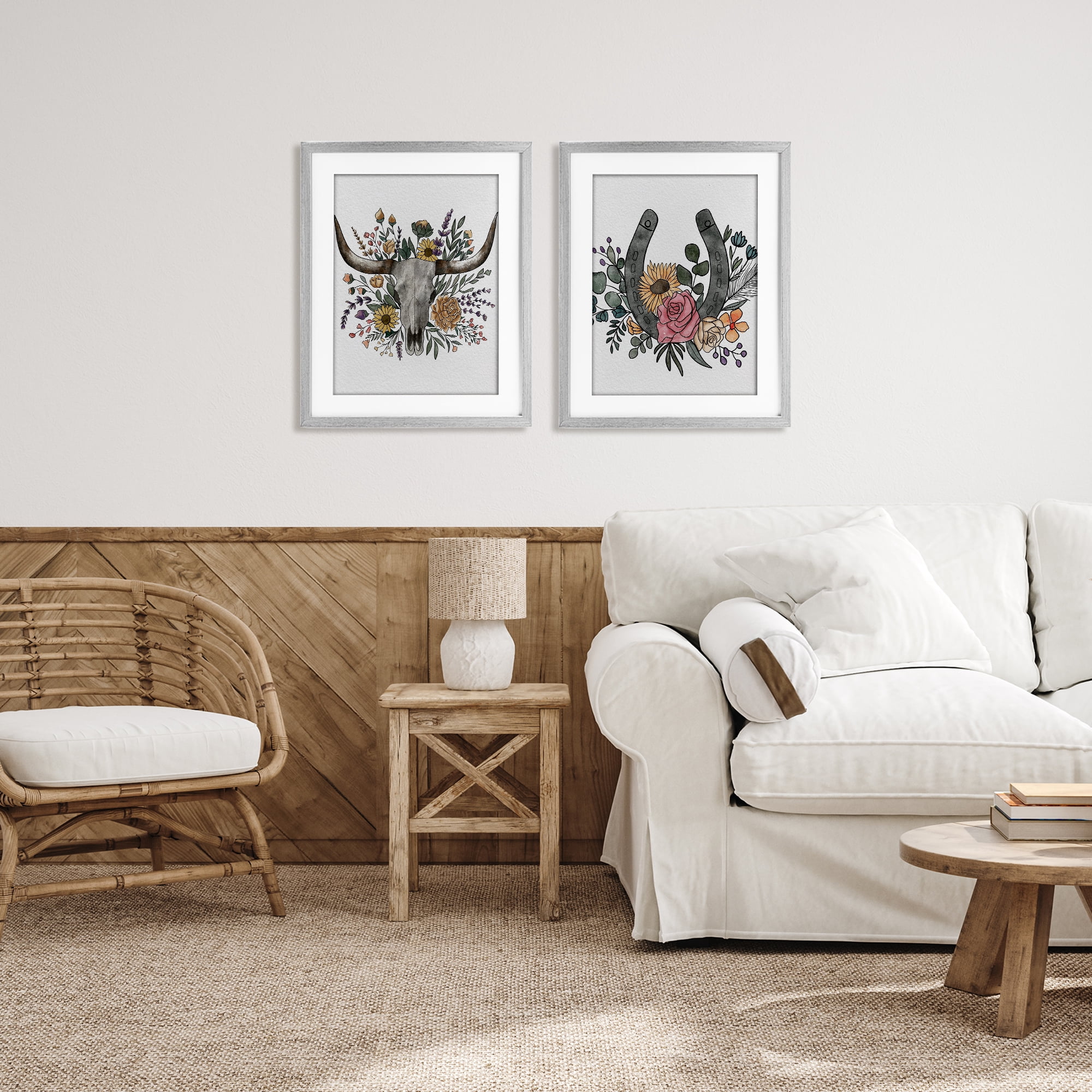 Stupell Industries Boho Longhorn & Horseshoe 2 Piece Gray Framed Print Under Glass Set, design by Alisha Kiara Design