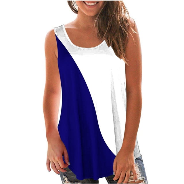 Womens Fashion Printing Round-Neck Loose Sleeveless T-Shirt Pullover