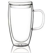 15 Oz Double Walled Coffee Cups Glass Coffee Mugs Clear Coffee Mug with Lid Insulated Coffee Mug Perfect for Cappuccino,Tea,milk ,Espresso,juice, Hot Beverage with Handle (15oz, with glass lid)