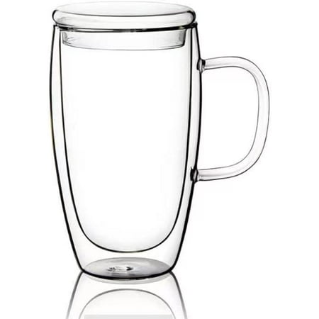 

15 Oz Double Walled Coffee Cups Glass Coffee Mugs Clear Coffee Mug with Lid Insulated Coffee Mug Perfect for Cappuccino Tea milk Espresso juice Hot Beverage with Handle (15oz with glass lid)