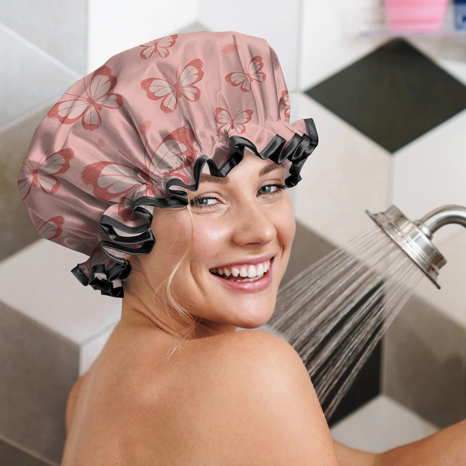 Shower Caps,Pink Butterfly Pattern Waterproof Shower Cap for Women 4 Pieces,Double Reusable Hair Cover for Shower PEVA Elastic Stretch Hem